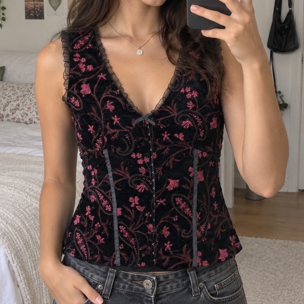 Vintage Whimsygoth Velvet Tank Top Floral Paisley Corset Style M grunge witchy